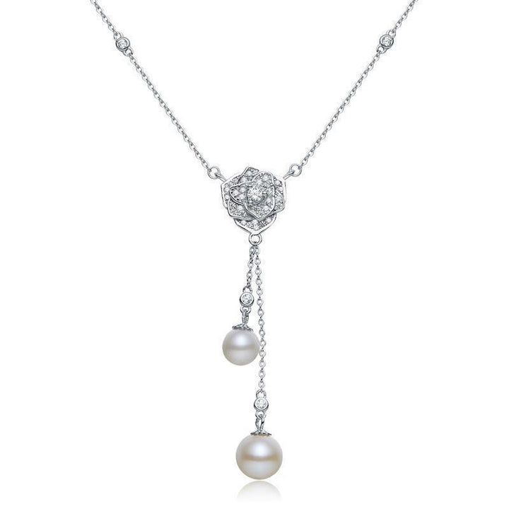 Silver Necklaces - Rose Fresh Water Pearls Necklace 925 Sterling Silver