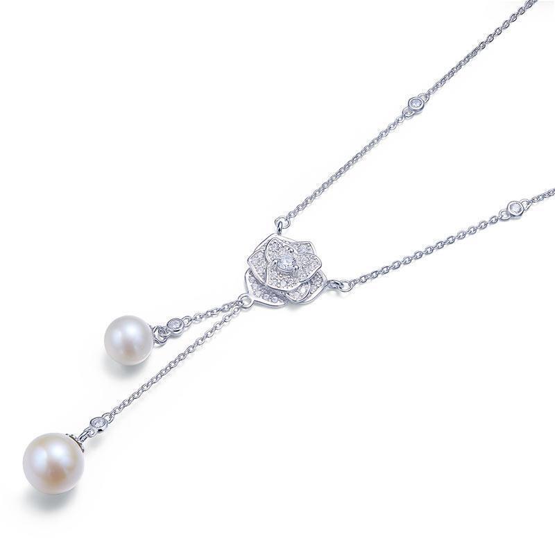 Silver Necklaces - Rose Fresh Water Pearls Necklace 925 Sterling Silver