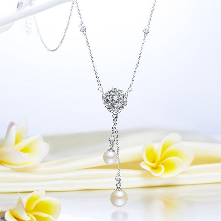 Silver Necklaces - Rose Fresh Water Pearls Necklace 925 Sterling Silver