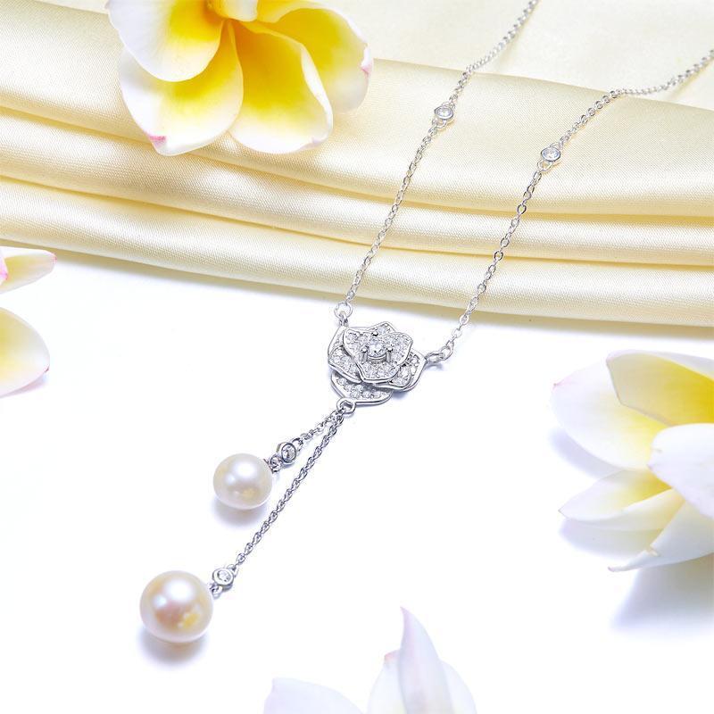 Silver Necklaces - Rose Fresh Water Pearls Necklace 925 Sterling Silver