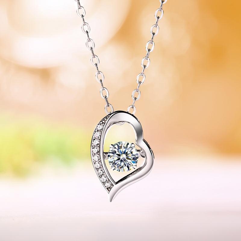 Silver Necklaces - 0.5 Carat Moissanite Diamond Dancing Stone Heart Necklace 925 Sterling Silver