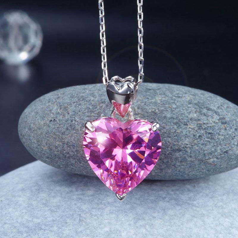 Silver Necklaces - 925 Sterling Silver Bridesmaid Heart Pendant Necklace 5 Carat Pink Bridal Jewelry