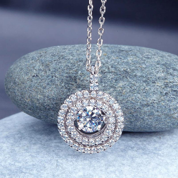 Silver Necklaces - Dancing Stone Halo Pendant Necklace Solid 925 Sterling Silver