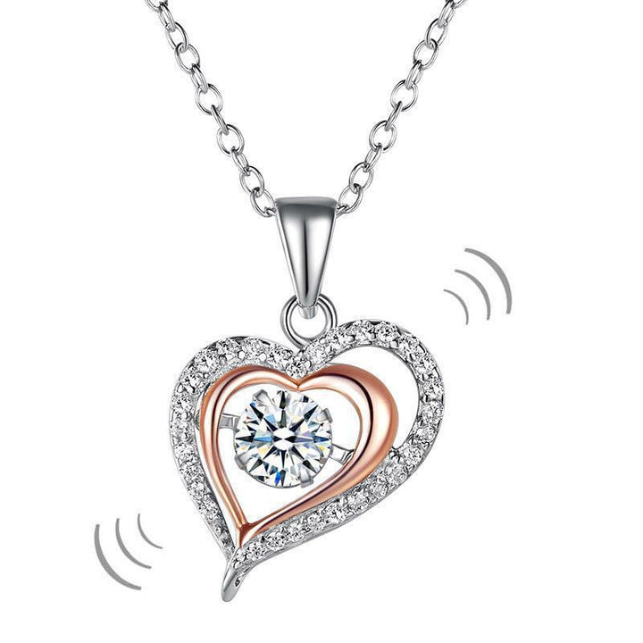 Silver Necklaces - Double Heart Dancing Stone Pendant Necklace 925 Sterling Silver