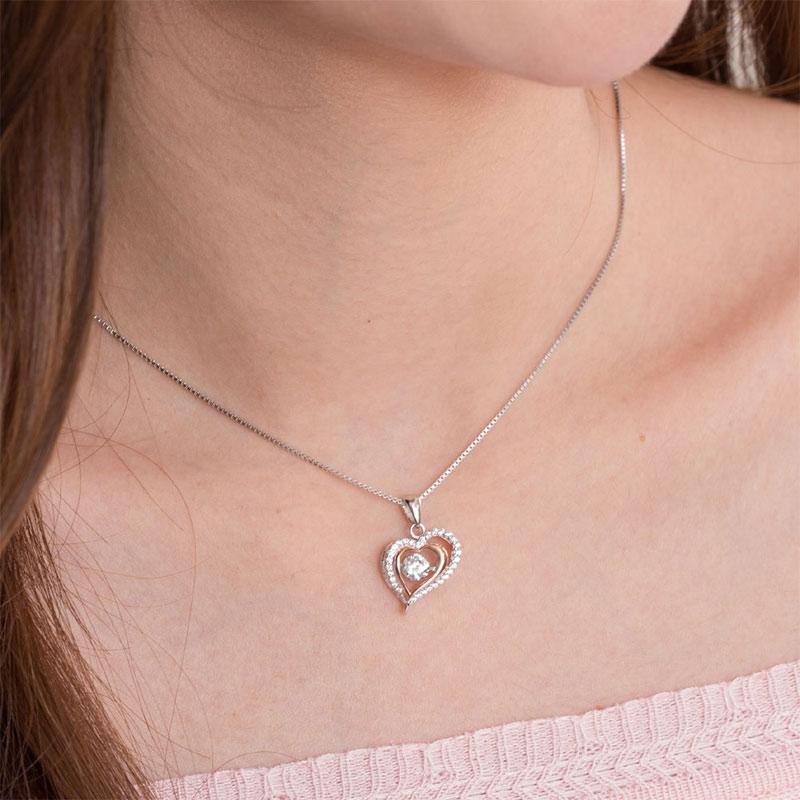 Silver Necklaces - Double Heart Dancing Stone Pendant Necklace 925 Sterling Silver