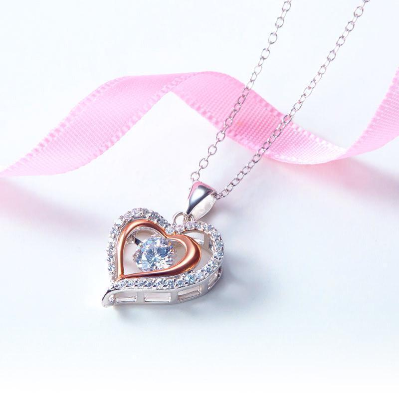 Silver Necklaces - Double Heart Dancing Stone Pendant Necklace 925 Sterling Silver