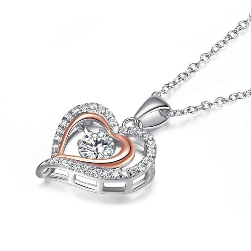 Silver Necklaces - Double Heart Dancing Stone Pendant Necklace 925 Sterling Silver