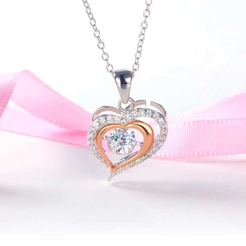 Silver Necklaces - Double Heart Dancing Stone Pendant Necklace 925 Sterling Silver