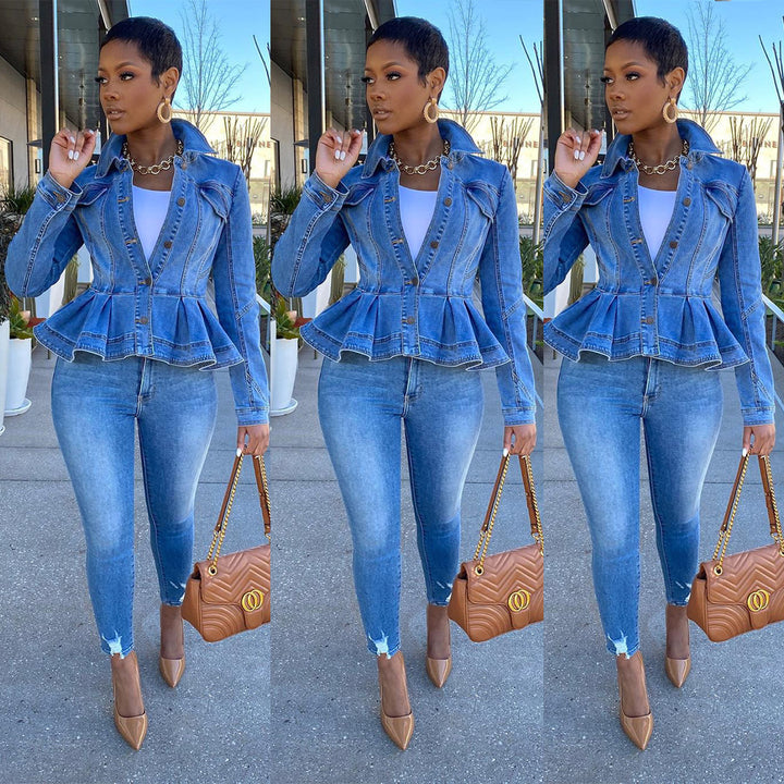 Denim Crop Top Long Sleeve Flared Bottom Jacket