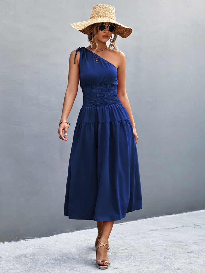 Asymmetrical One Shoulder Smocked Waist Midi Dress