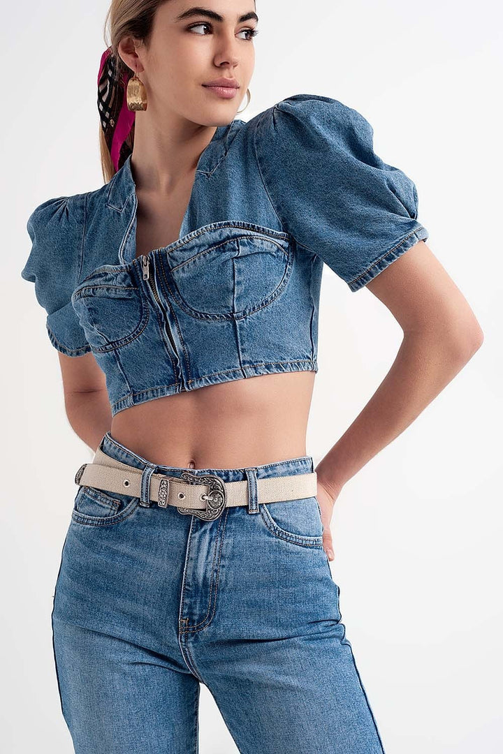 Denim Puff Sleeve Crop Top in Mid Wash Blue