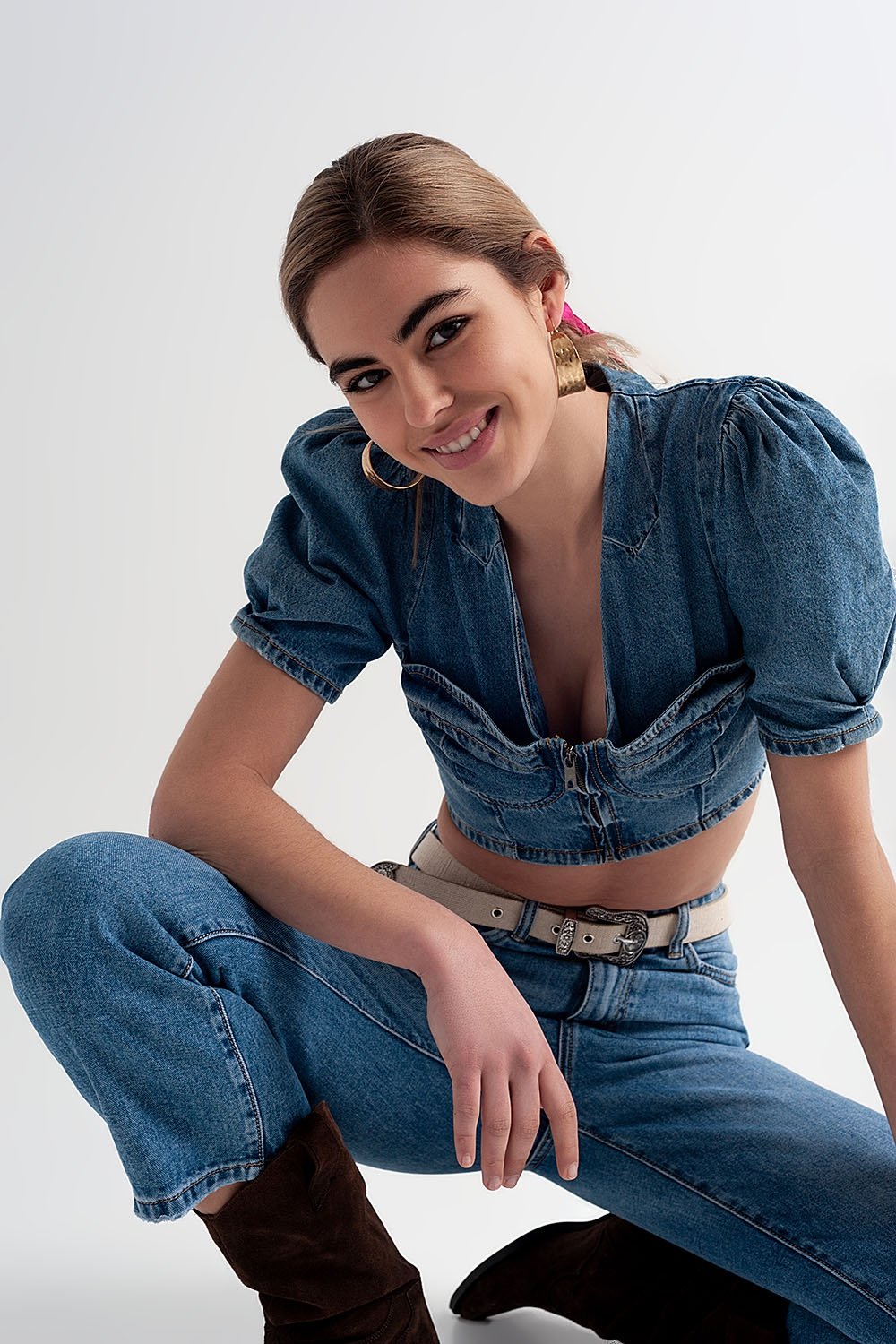 Denim Puff Sleeve Crop Top in Mid Wash Blue