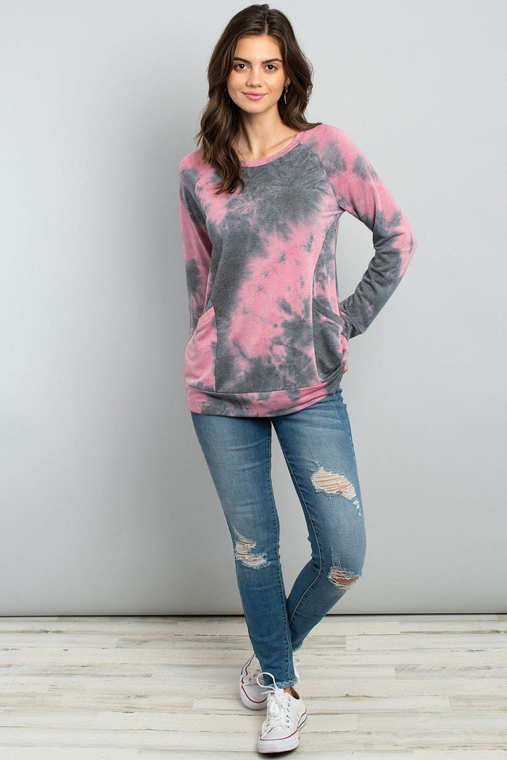 Tie Dye Long Sleeve Top With Kangaroo Pocket