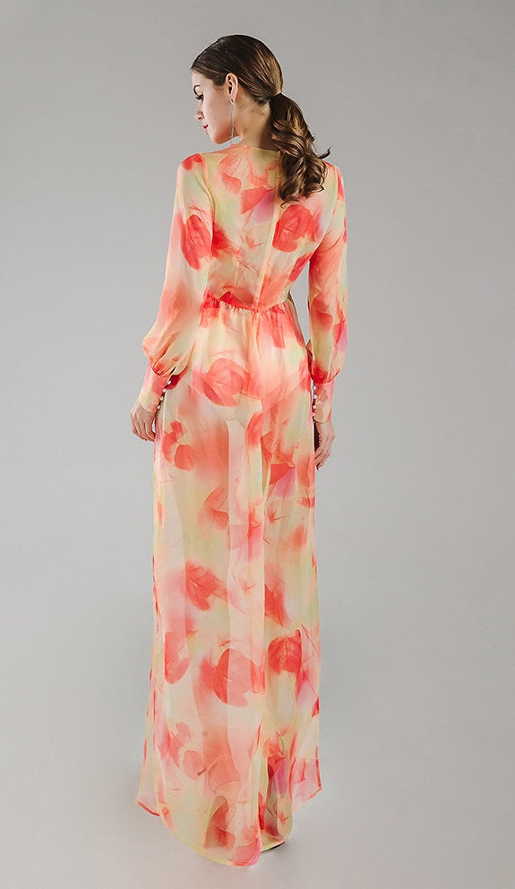 Orange Chiffon Floral Maxi Dress