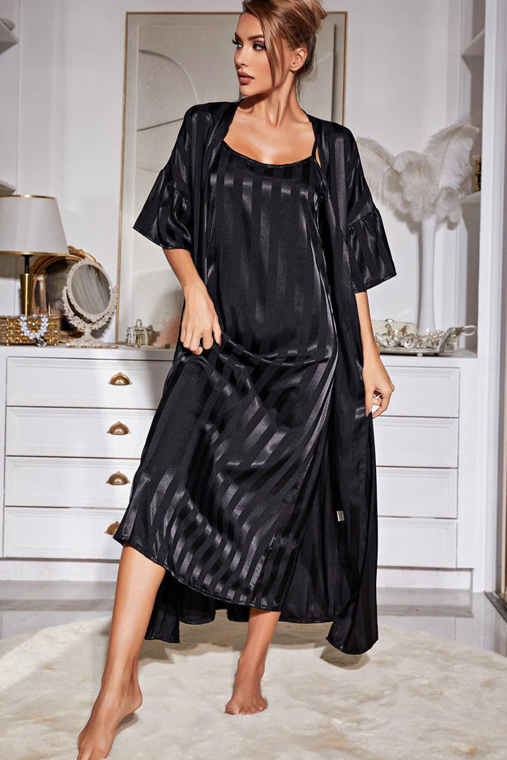 Striped Flounce Sleeve Open Front Robe and Cami Dress Set