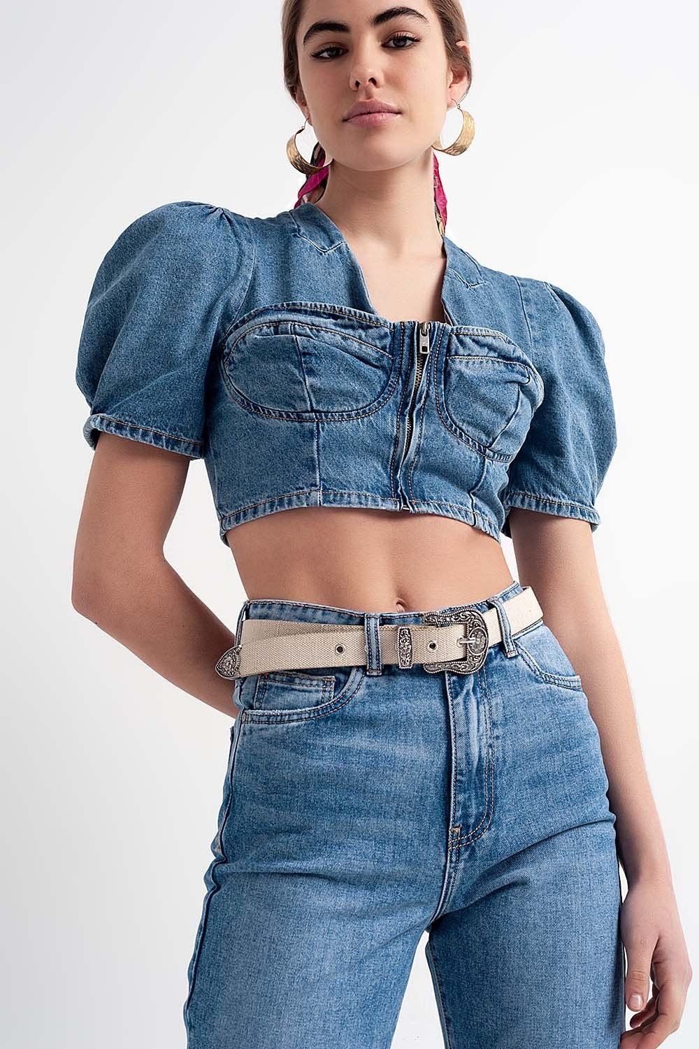 Denim Puff Sleeve Crop Top in Mid Wash Blue