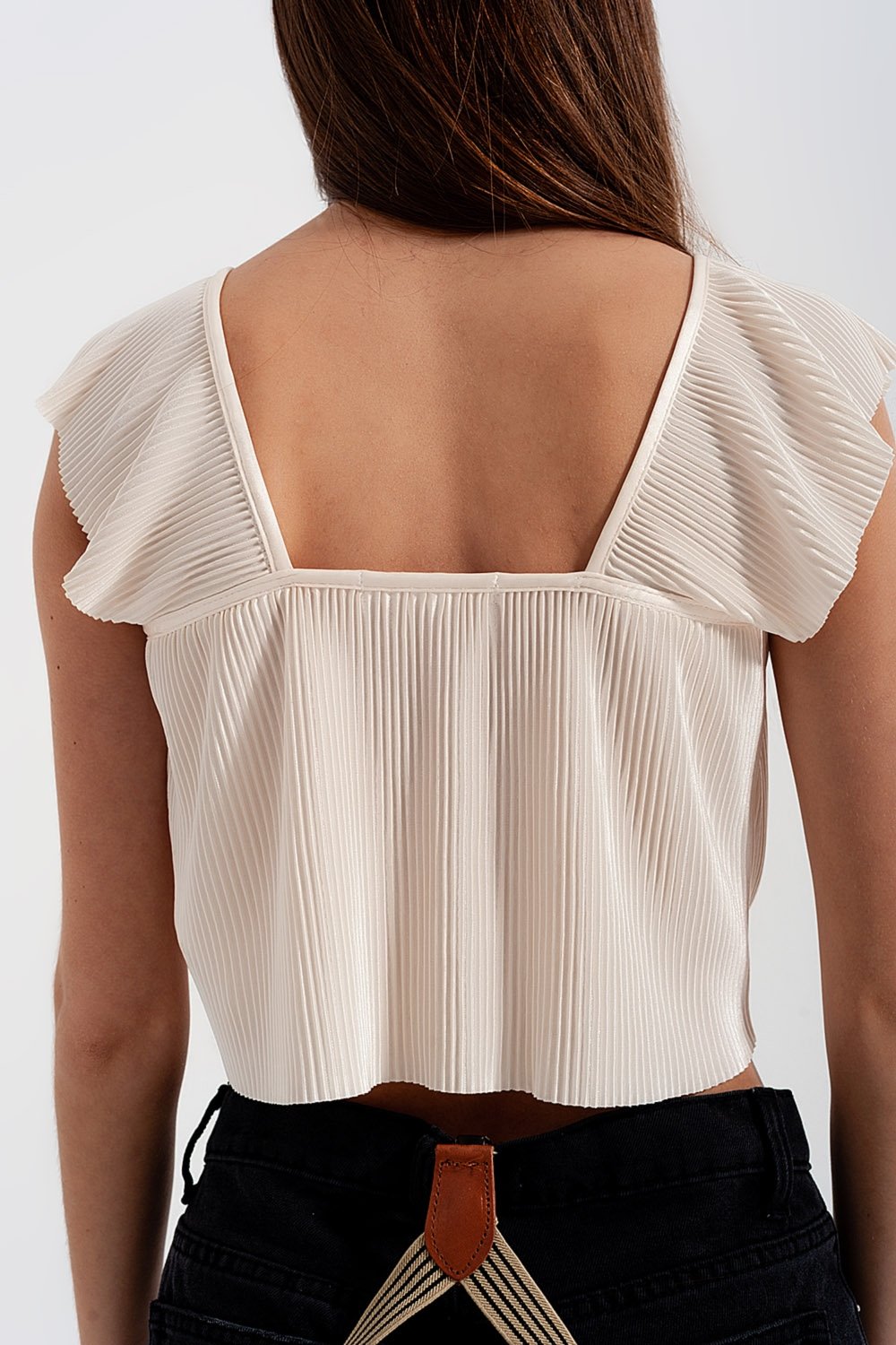 Tie Front Shirred Detail Volume Sleeve Crop Top in Cream