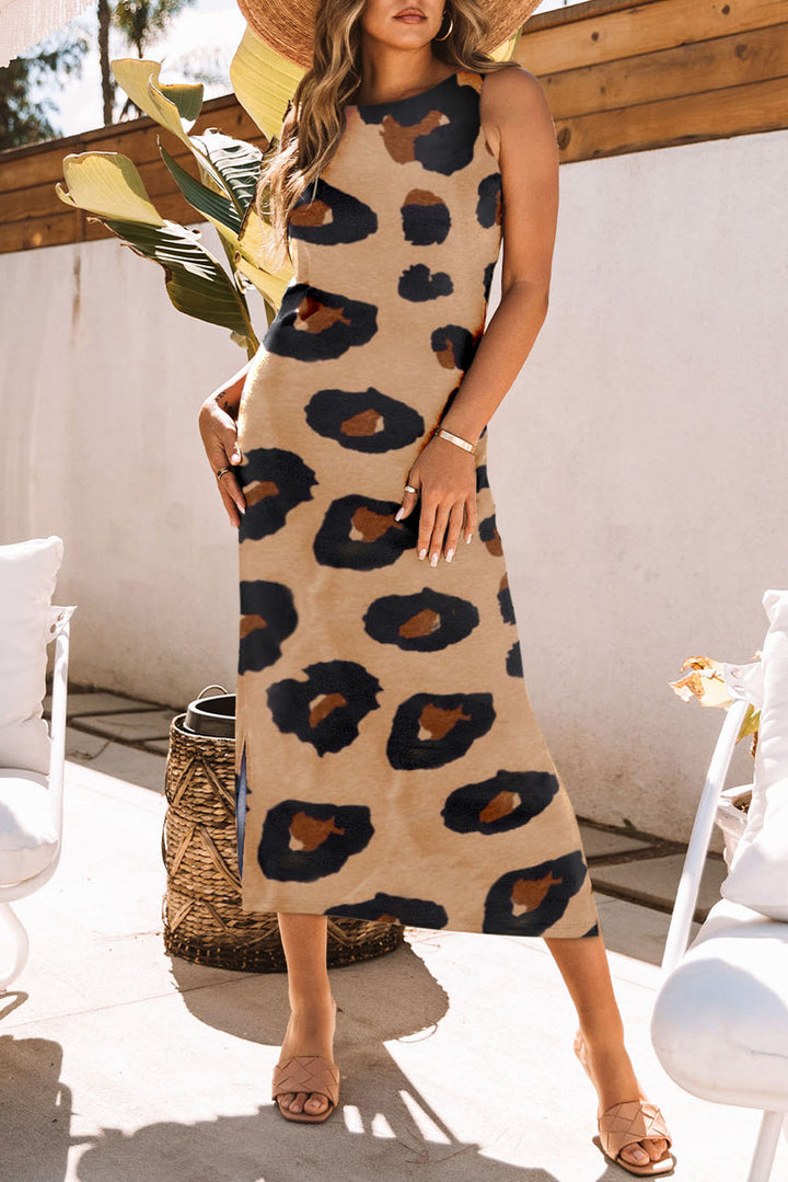 Leopard Round Neck Sleeveless Midi Dress