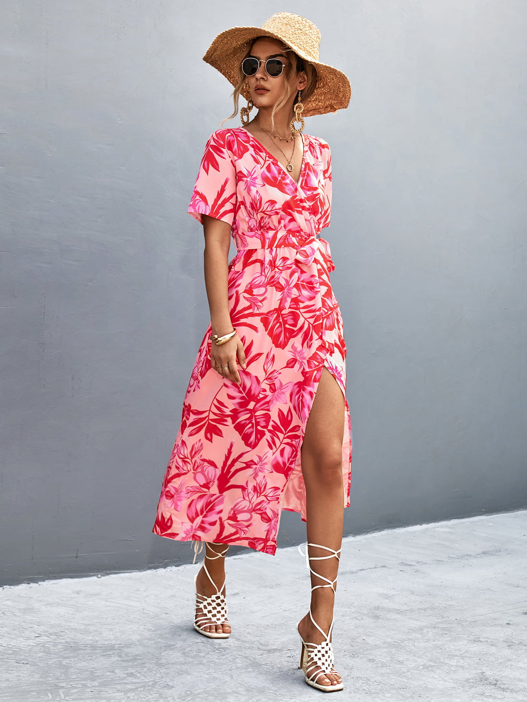 Floral Print High Slit Surplice Neck Tie Waist Midi Dress